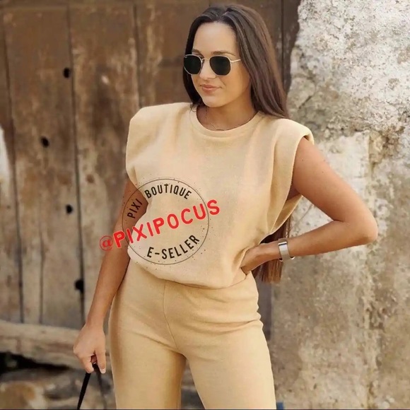 Zara 2 piece set - knit shoulder pad tee & matching pants tan lounge set - Picture 7 of 12